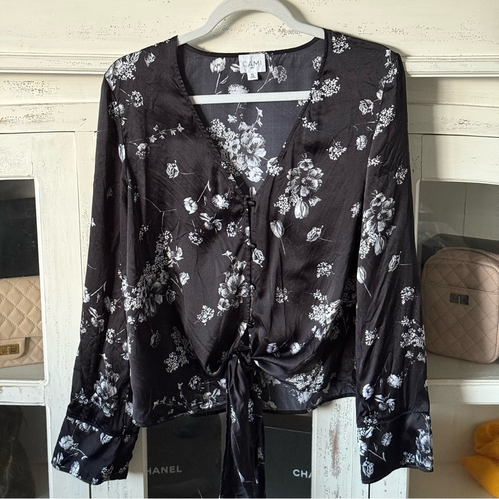 Cami NYC Lila Black Floral Tie-Front Blouse - Picture 4 of 7